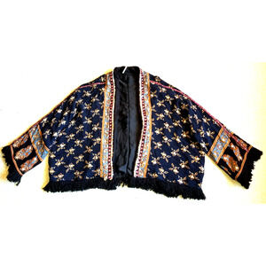 Womens Jacket-FREE PEOPLE-blue 'Rays of Light' open flowy Boho tassel trim-S